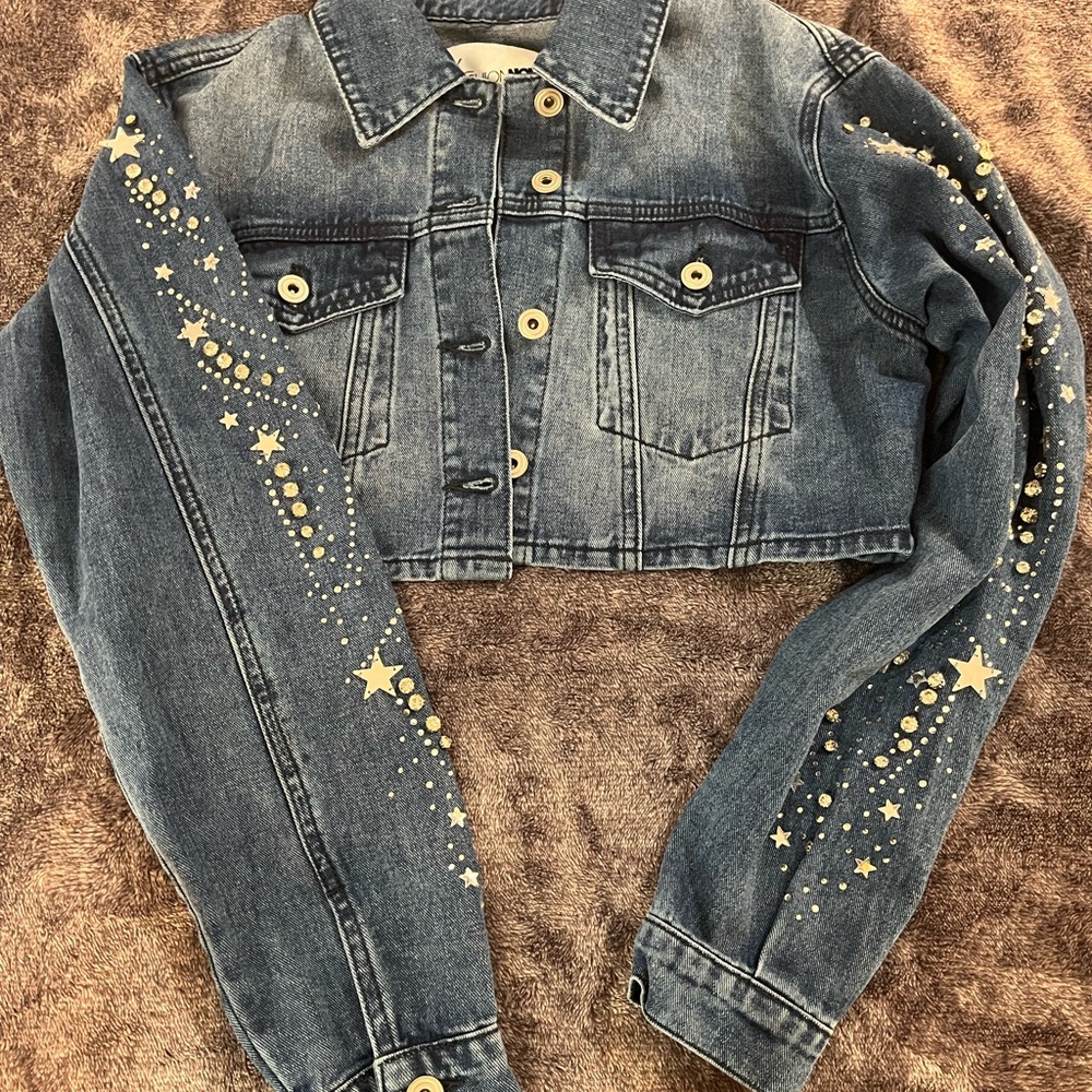 Fashion Nova Blue Denim Cropped Jacket with Star Details